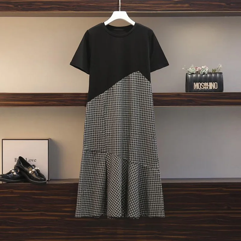 Frauen Baumwolle Plaid T-Shirt langes Kleid o Hals Kurzarm lässig weiblich elegant große Rüschen Sommer lose schwarze Party Robe