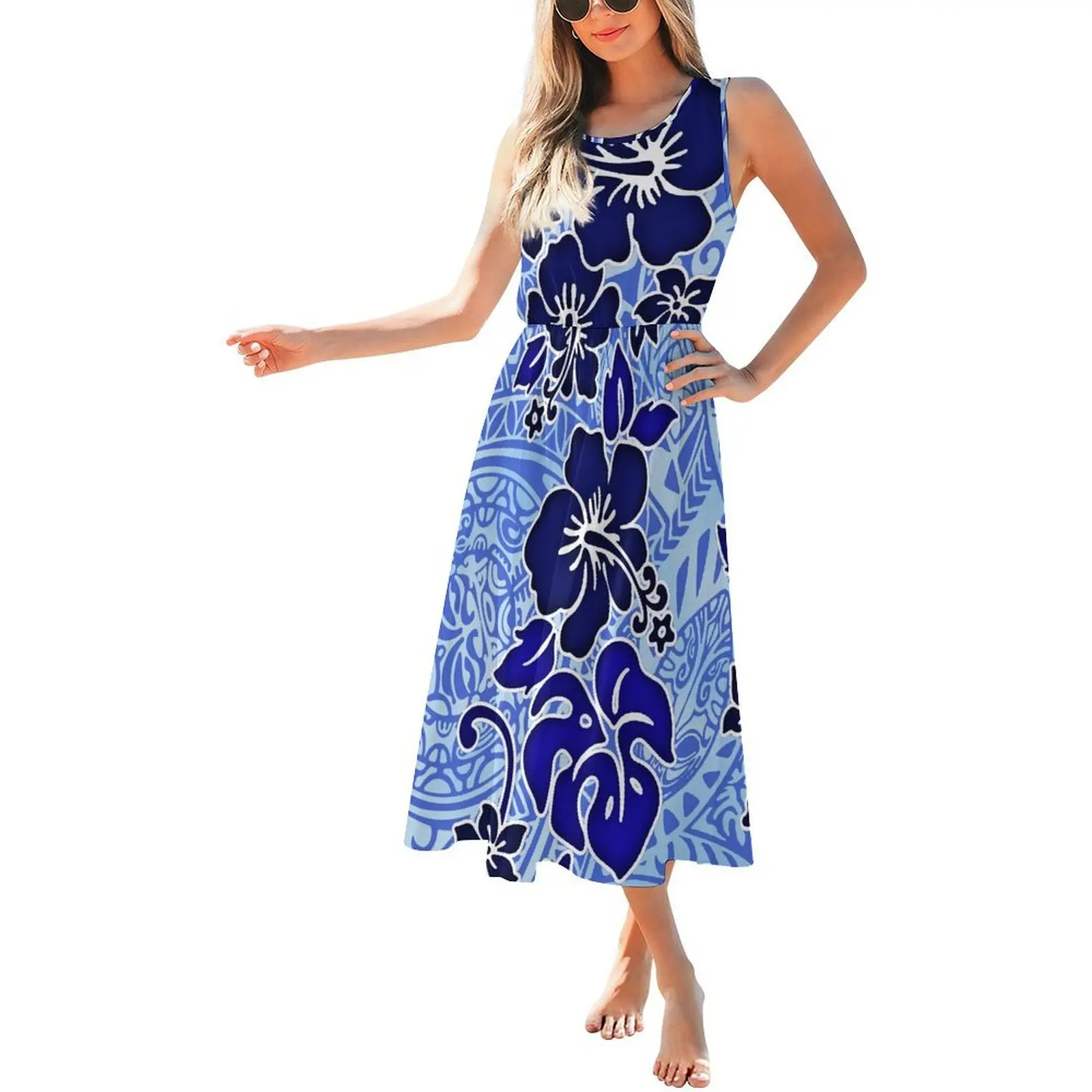 نسيج مريح جولة الرقبة بلا أكمام الخصر مقصوص فستان طويل المرأة البولينيزية فستان فضفاض تصميم مخصص