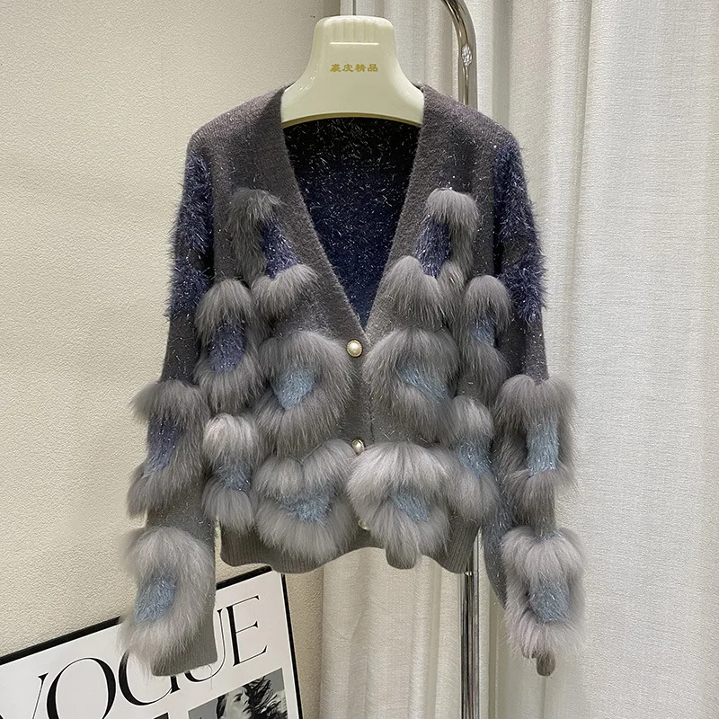 Moda elegante socialite pelliccia impiombata cardigan lavorato a maglia scollo a V manica lunga monopetto vera pelliccia di volpe cappotti giacca invernale da donna