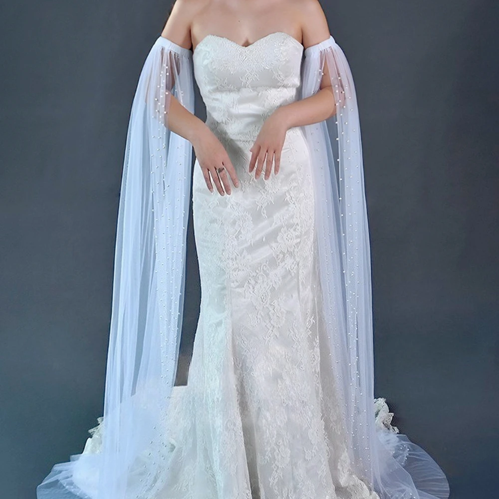 1.5m Pearls Beading Bridal Shawl Removable Sleeves Girlfriend Wedding Bolero Covered for Party Dress Wedding Accessories White