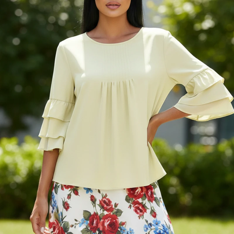 ZANZEA Casual Chic Damesblouses Lentemode Gelaagde Ruches Mouw O-hals Effen Kleur Tops Dagelijks gebruik Dameskleding 3XL