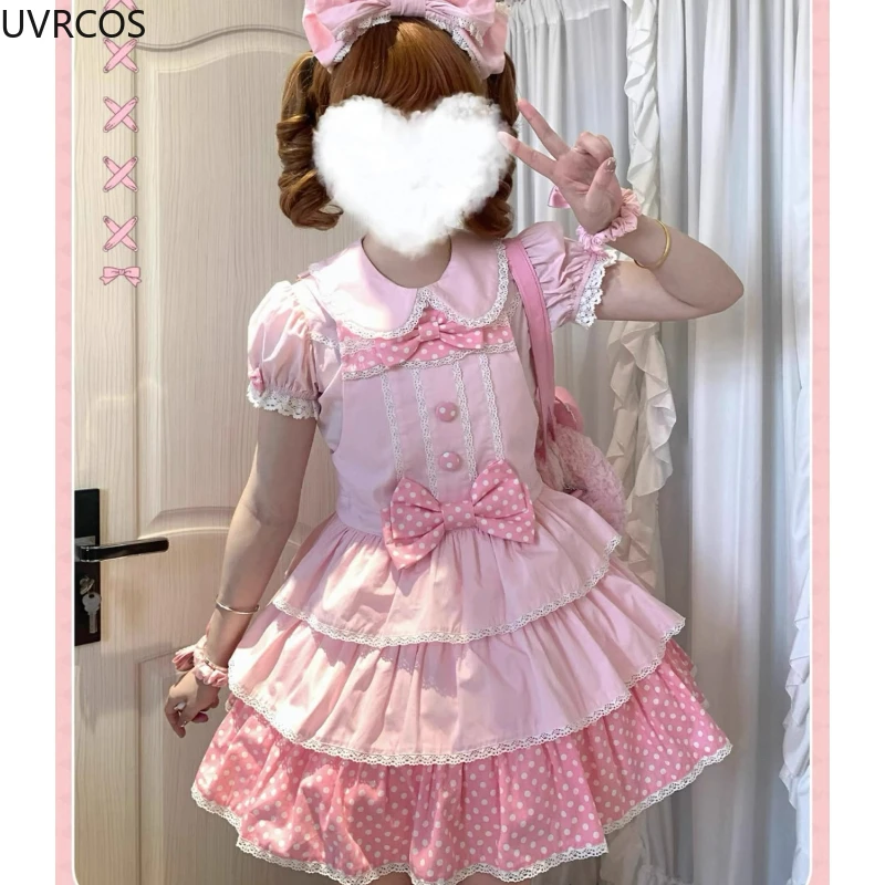 اليابانية Kawaii لوليتا نمط فستان مجموعة المرأة الحلو بيتر بان طوق نفخة الأكمام قمصان القوس حزام فساتين Y2k قطعتين مجموعات 2025 #3