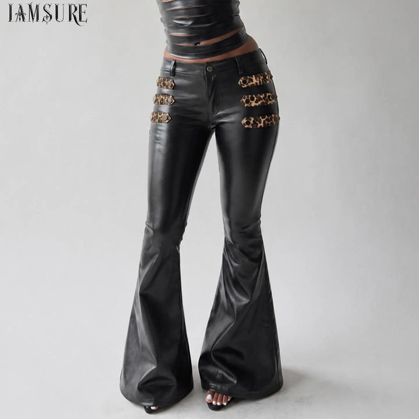 Women Black Faux PU Leather Flare Pants Leopard Buckle Decor Low Waist Stretch Trousers Gothic Dark Punk Streetwear Bottoms 2026