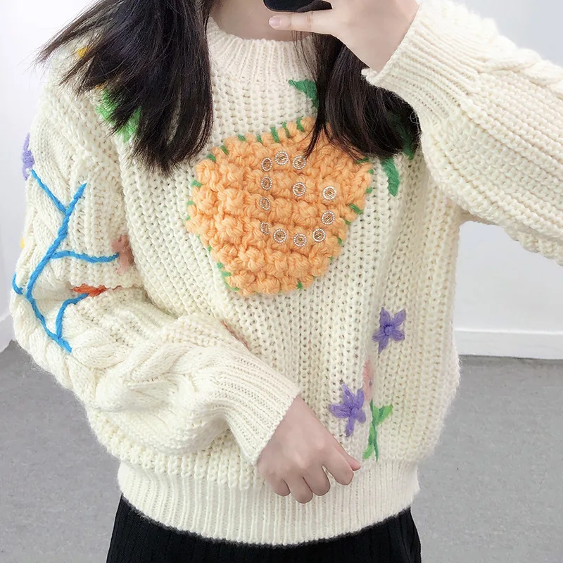 2025 춘추 중공업 파인애플 크로셰 자수 여성용 풀오버 루즈 스웨터
