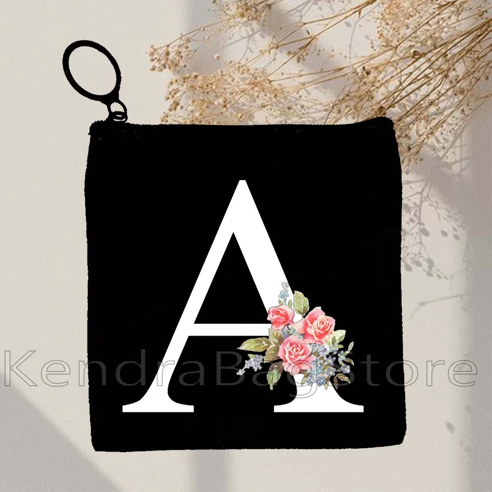 Botanical Monogram Floral Pink Rose Flowers Initial Letter English Alphabet Gifts Canvas Coin Purse Key Case Bag Wallet Pouch