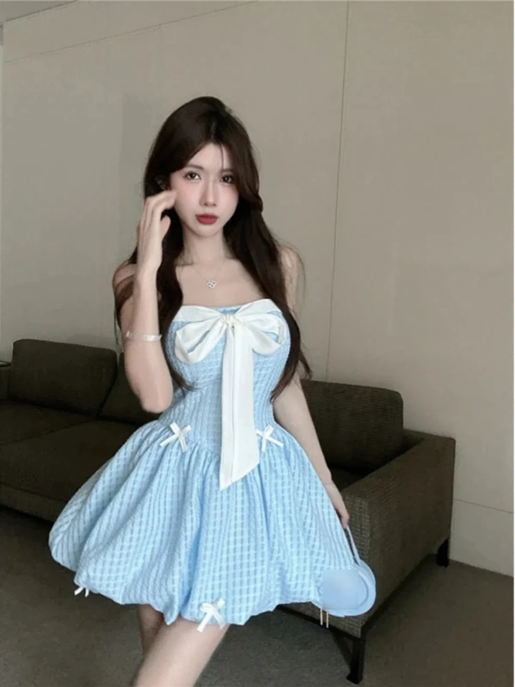 2024 Summer New Korean Edition Pure Desire Sexy Temperament Sweet Bra Bow Puff Dress Princess Bubble Short Skirt