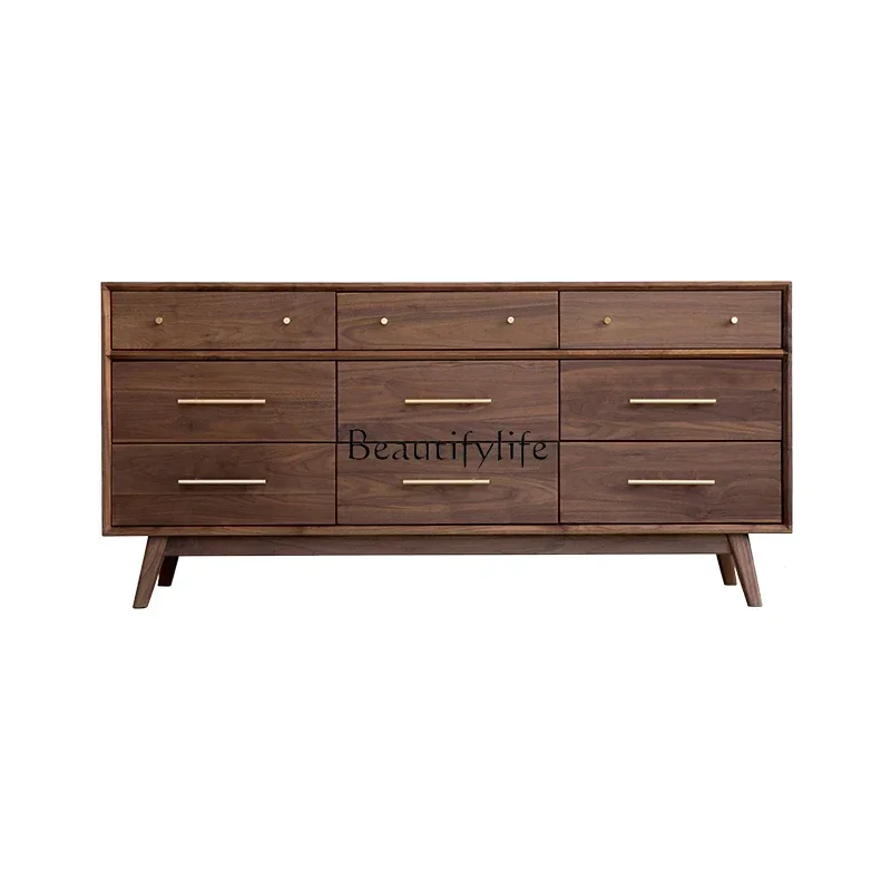 

12Nordic Solid Wood Chest of Drawers Japanese-Style Storage Cabinet Black Walnut Bedroom Storage