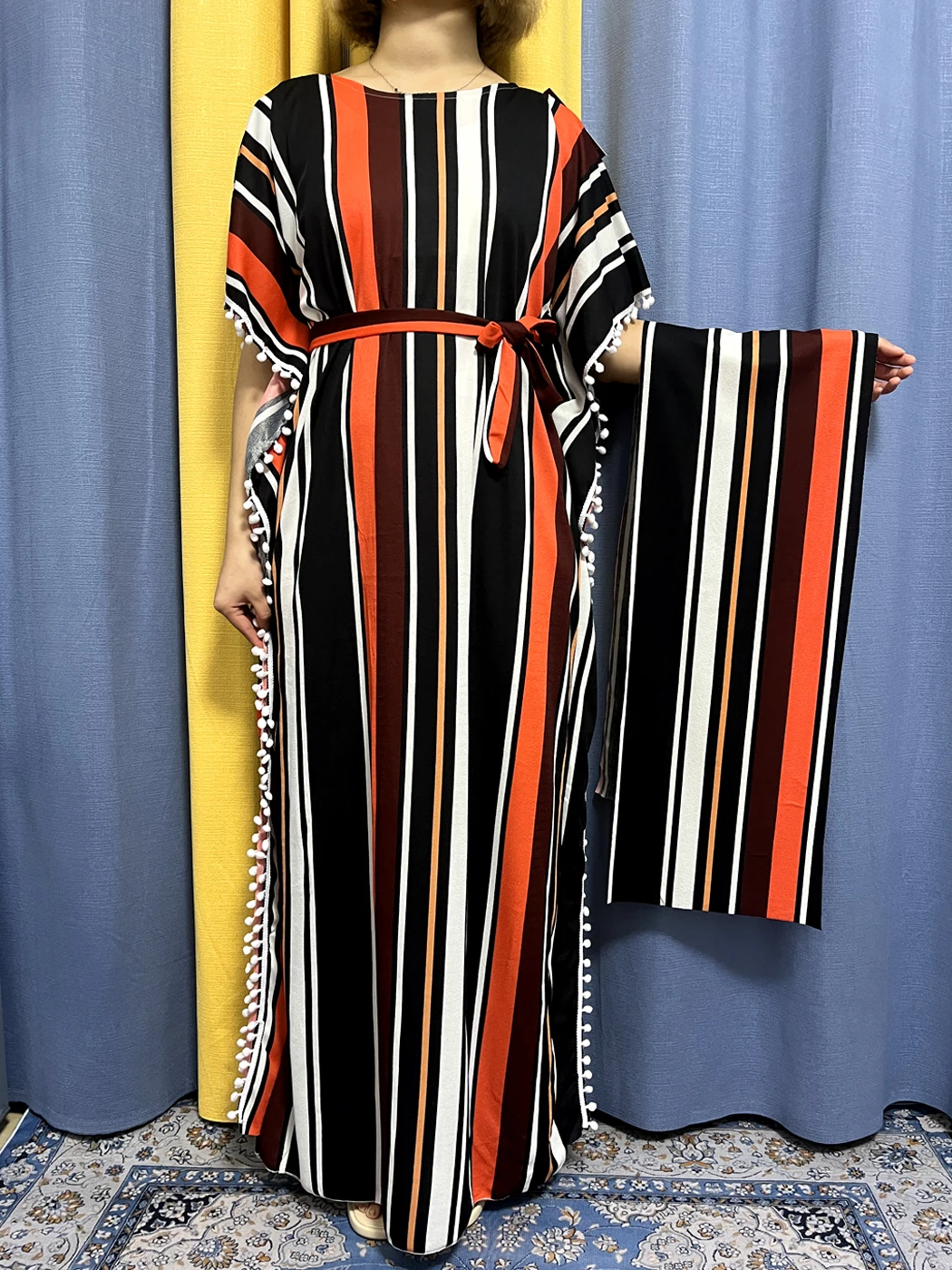 Abayas For Women 2023 Printed Vertical Stripe Tassels Elasticity Loose Fit Femme Robe African Woman Dresses With Belt Headscarf