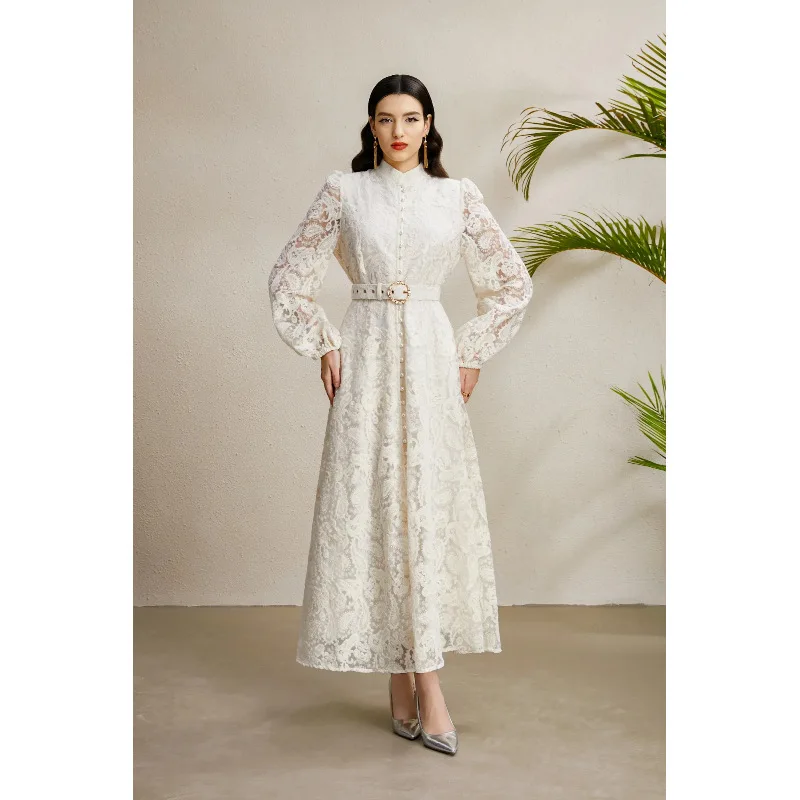 Automne Court Sle dentelle lanterne Sve plissé ourlet large t-shirt broderie florale dimensionnelle taille haute rue Sle Long Dr