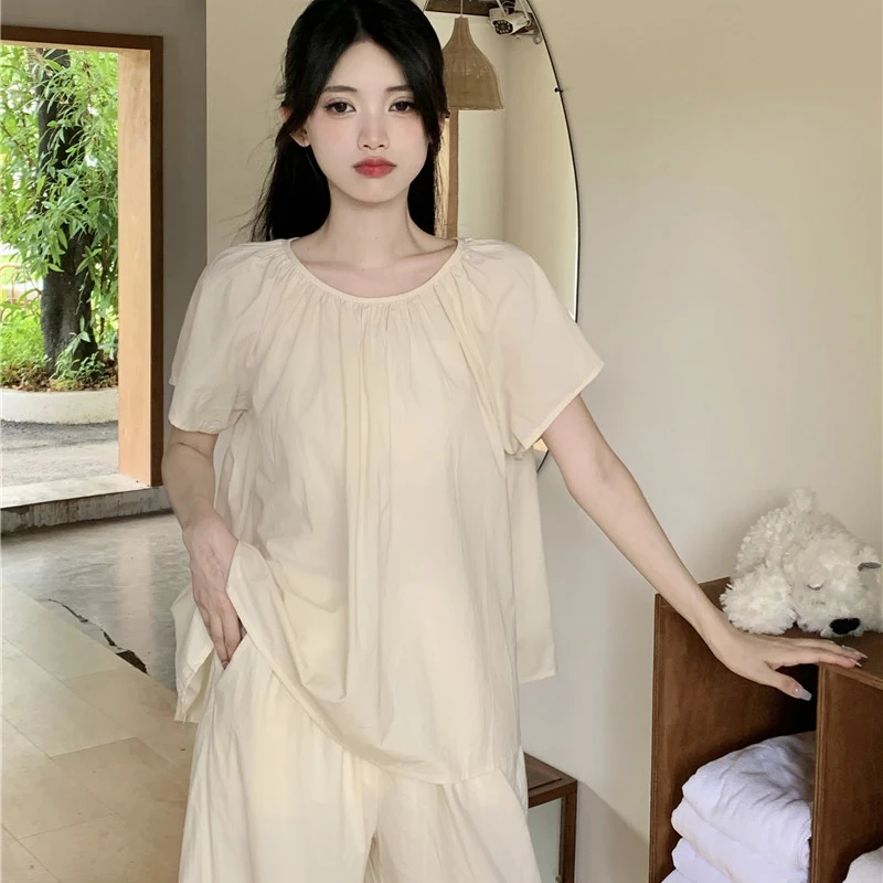 Solid Soft Spring Pajamas Set Short Sleeve Shirts + Trousers Cotton Casual Sleepwear Thin Elegant Home Suit Pleated Ruffles