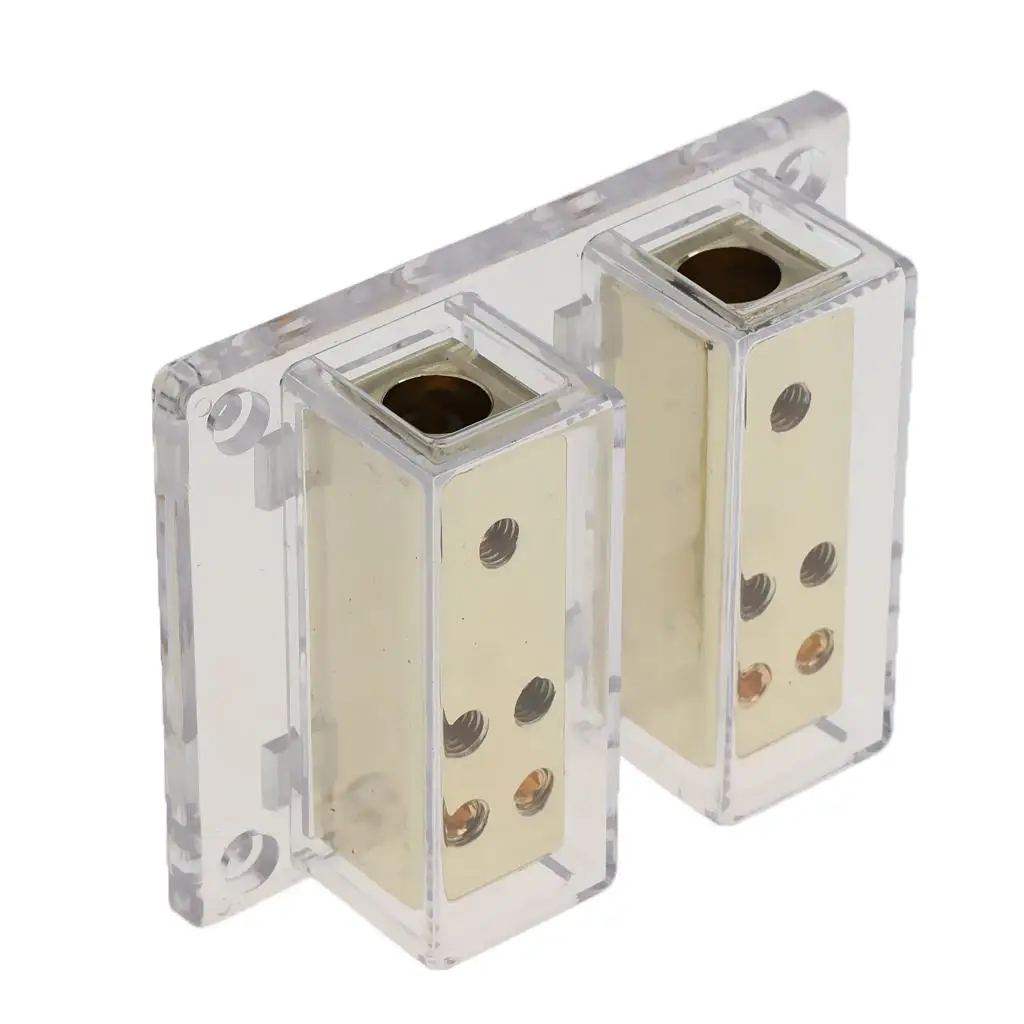 

Power Ground Distribution Block Metal Gold Plated 4 Gauge in 8 Gauge Out for Vehicle Audio Video Amplifier Setup