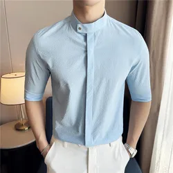 Men Mid Sleeved Shirt with Chinese Style Stand Up Collar for Summer 2024, Solid Color Casual Elastic Slim Fit Formal Dress Shirt