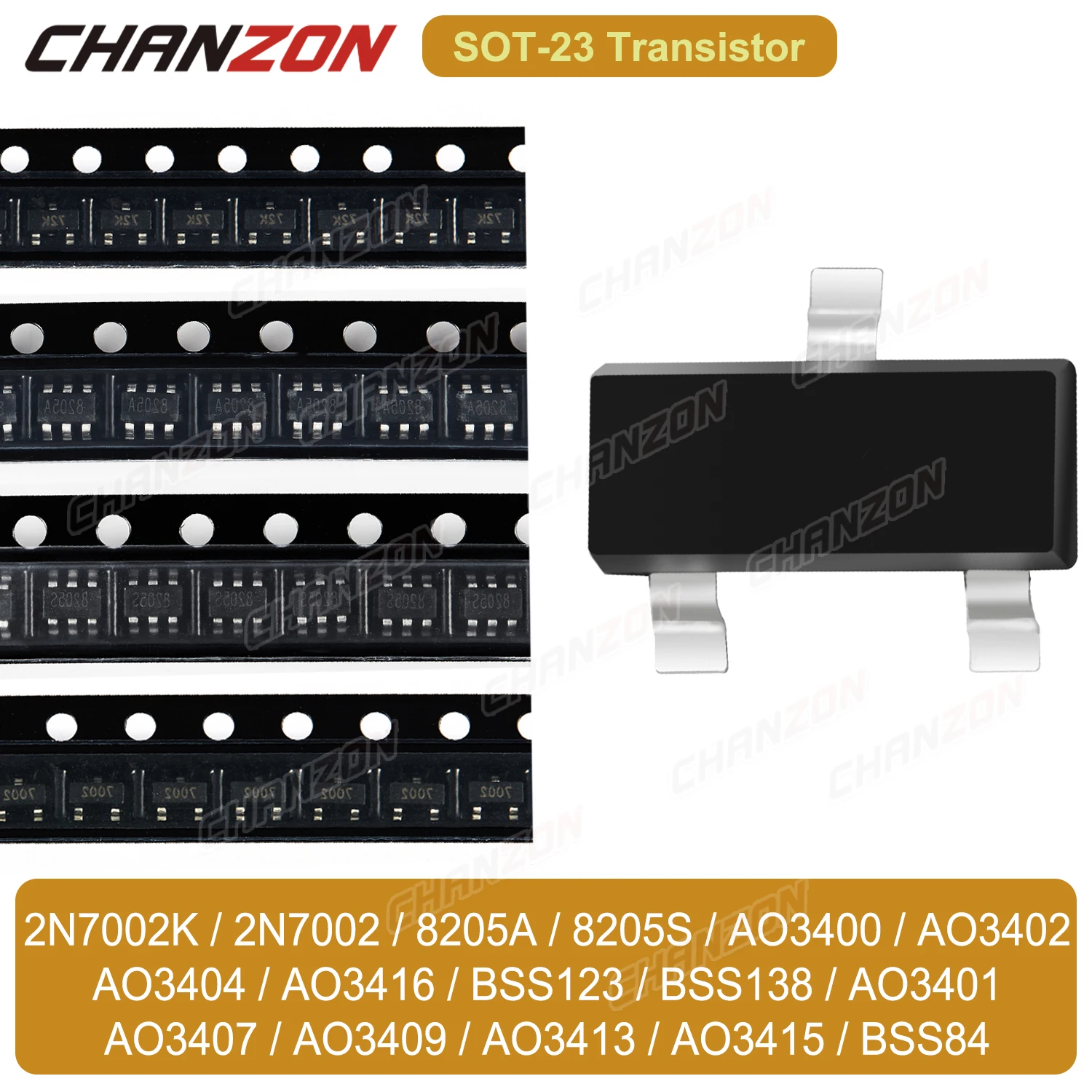 SOT23 P N-قناة Mosfet 2N7002 2N7002K Bss138 8205A Ao3400 Ao3401 Bss84 Ao3407 Ao3416 Bss123 Ao3402 8205S Smd علامة الترانزستور