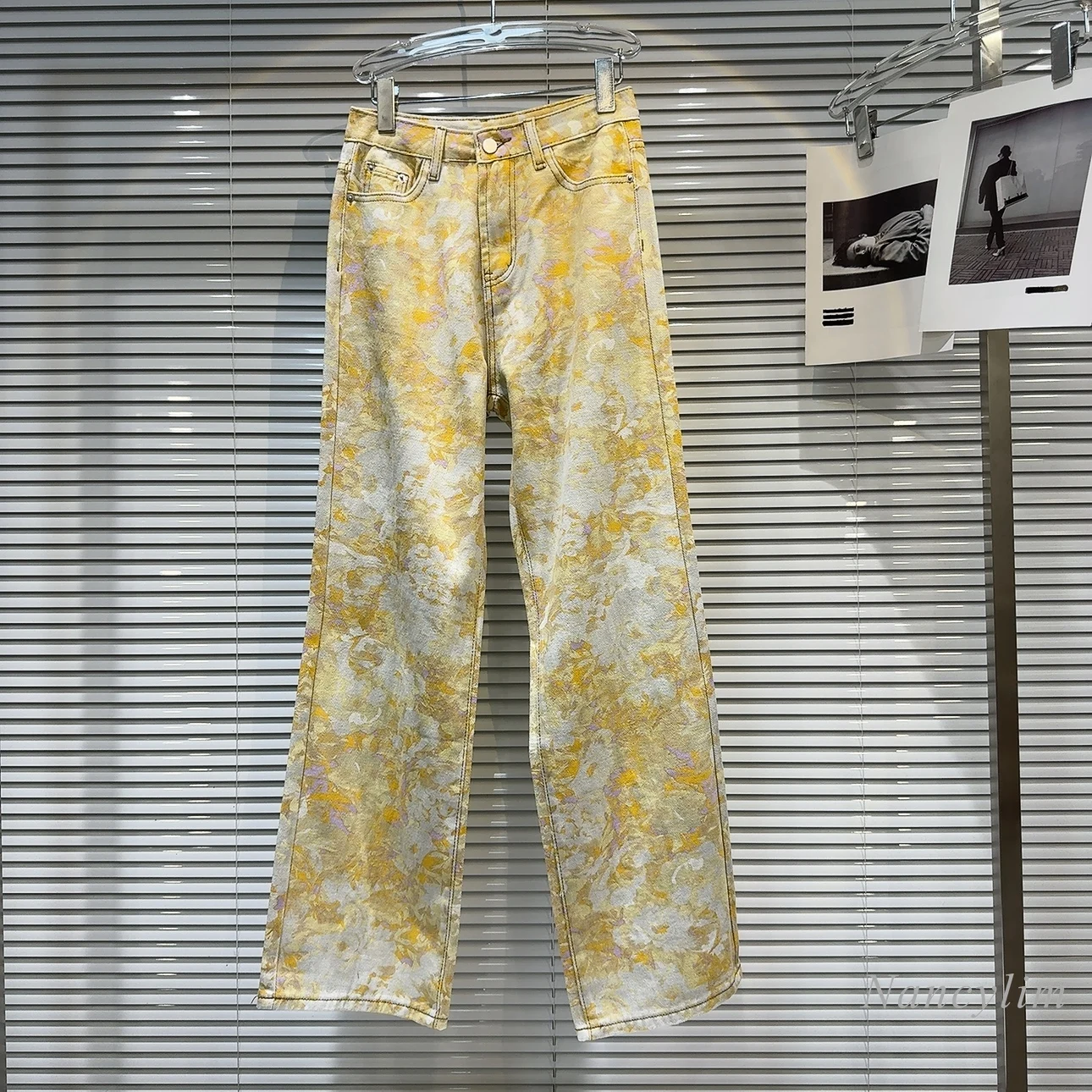 

2024 Summer New Abstract Art Flowers Print Street Fashion Hot Girl Straight Jeans for Women Yellow Floral Pants