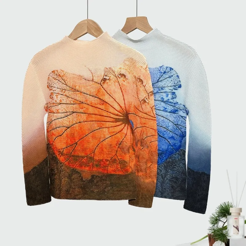 미야케 플리츠 여성용 긴팔 티셔츠 패션 프린트 우아한 하프 하이넥 풀오버 심플 핏 스트레치 플러스 사이즈 의류