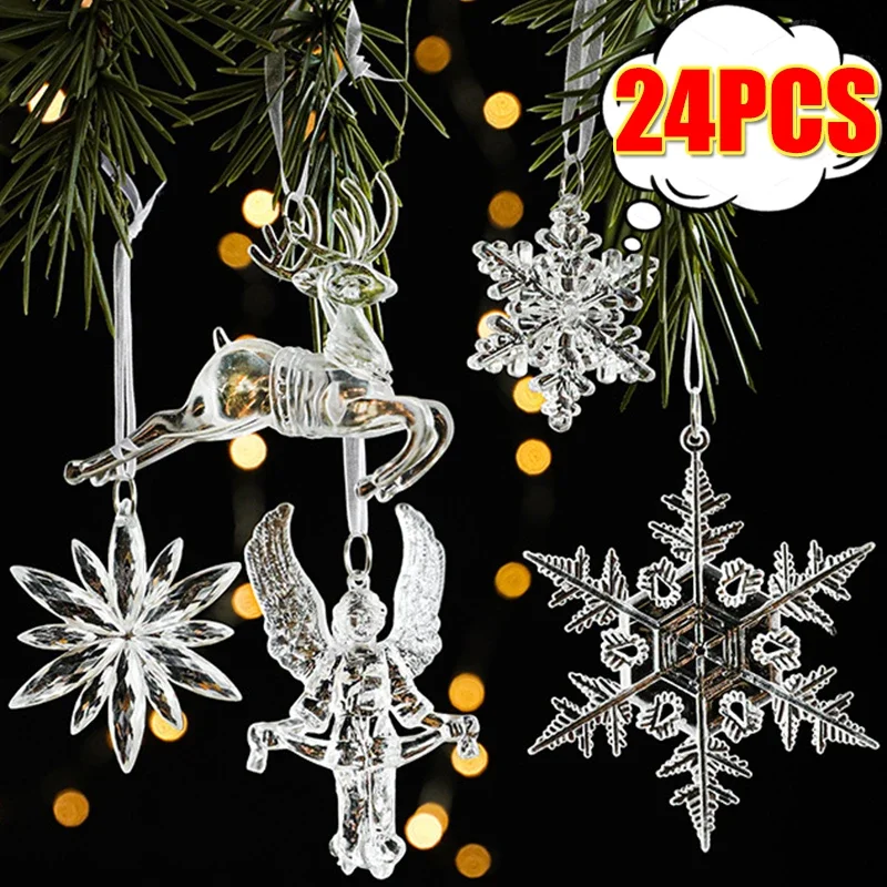 24/2szt Crystal Clear Snowflake Christmas Tree Pendants Icicle Decorations For Holiday Winter Party Transparent Hanging Ornament