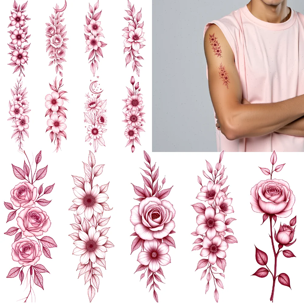 

9pcs Temporary Tattoo Flower Patterns Waterproof Long-lasting Body Stickers Floral Designs Red Line For Adults Back Shoulders