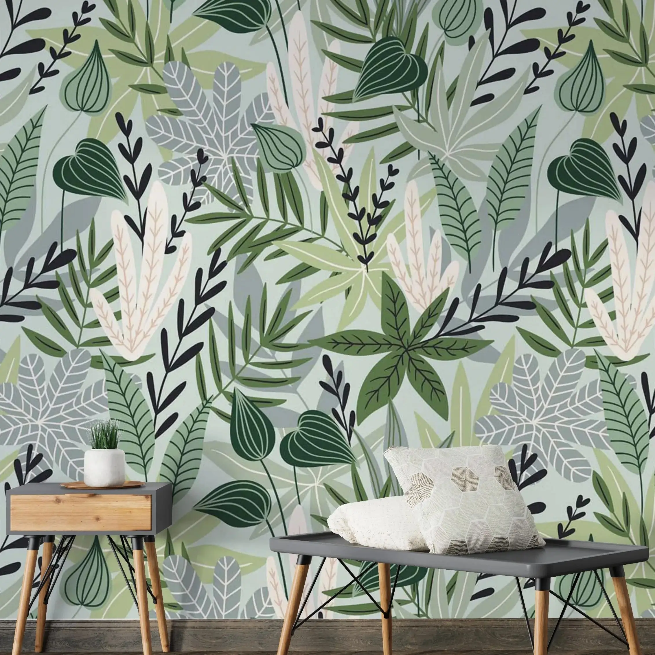 Nordic Style Tropical Leaves Wallpaper Peel and Stick,Self Adhesive Or Pasted Green Leaf Wall Mural For Home Decor,Custom Size