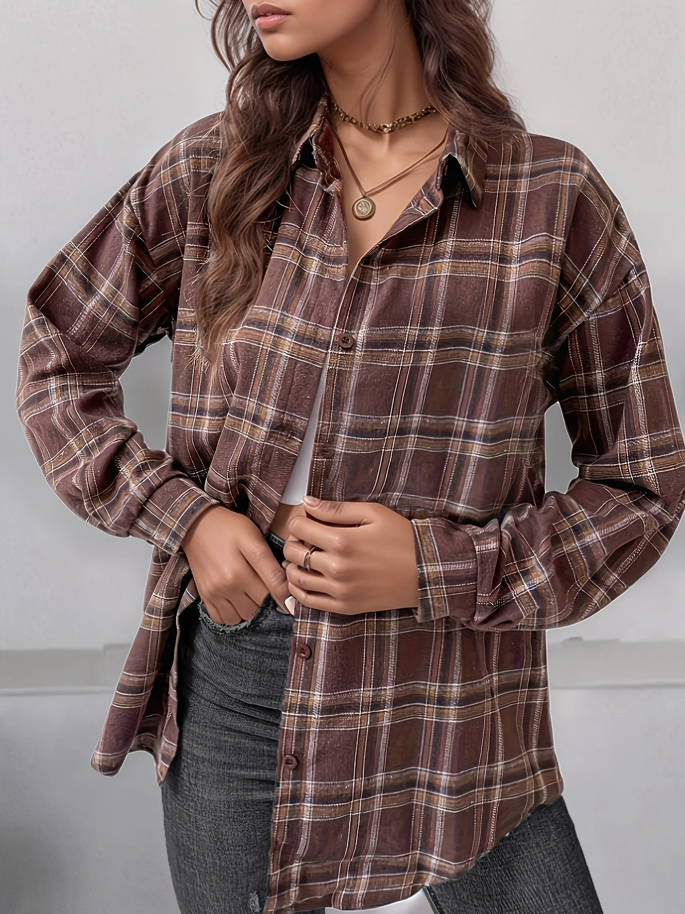 

Elegant Casual Long Plaid Shirt Shoulder Drape Style Women's Fashion Trendy Button-Up Top