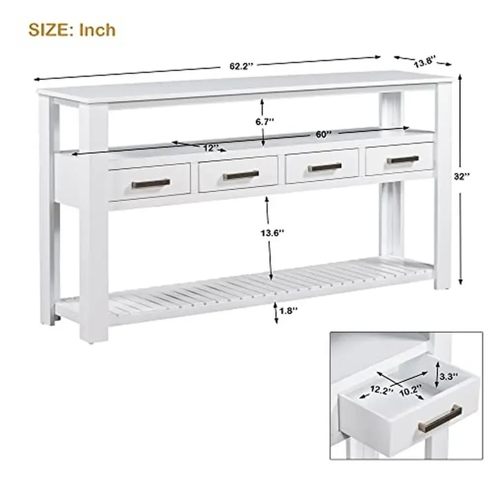 Modern Narrow Console Table with 4 Drawers & 2 Shelves Entryway and Living Room Storage White