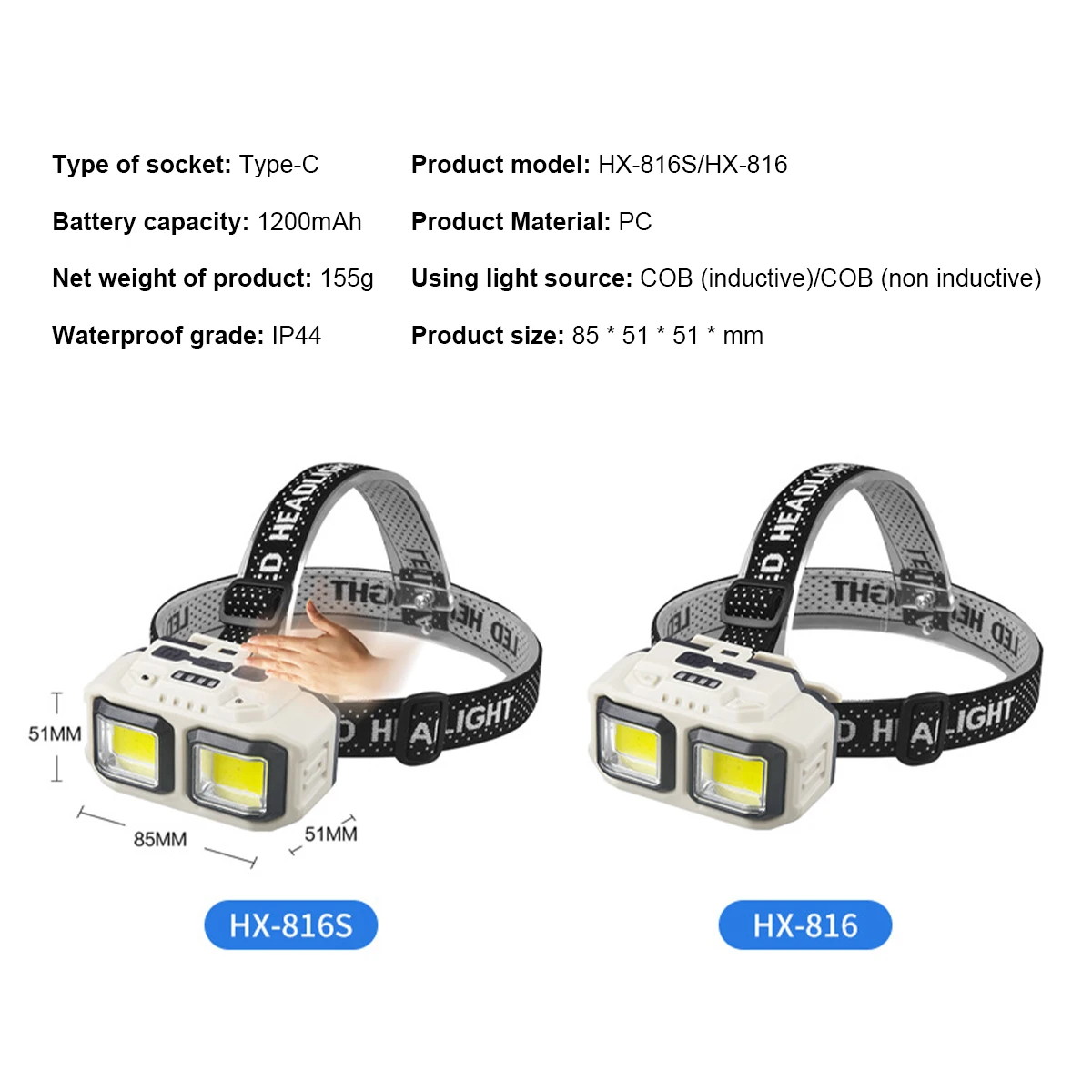 Waterproof LED Headlamp COB Induction USB Light Rechargeable White Light Adjustable Lighting Angle Head Light Flashlight Bright