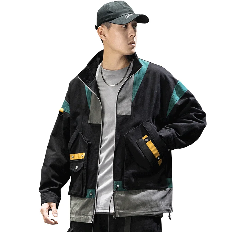 

Men Hip Hop Streetwear Jacket Coat Retro Color Block Patchwork Harajuku Jacket Windbreaker Oversized Track Jacket Pocket Autumn