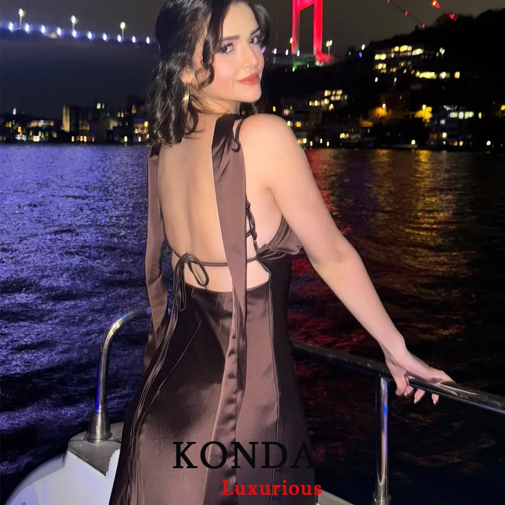 KONDALA Christmas New Year Party Long Dress V Neck Scarf Backless Cami Dress Fashion 2025 Chic Brown Evening Club Dress