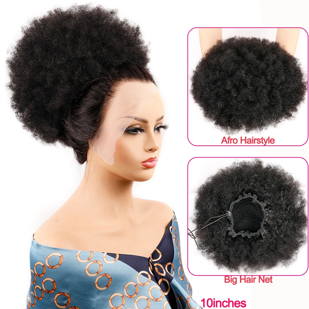 Afro Kinky Curly Hair Bun 10 Inches Real Human Hair Afro Drawstring Ponytail With Clips Extensition Natural Color For Women