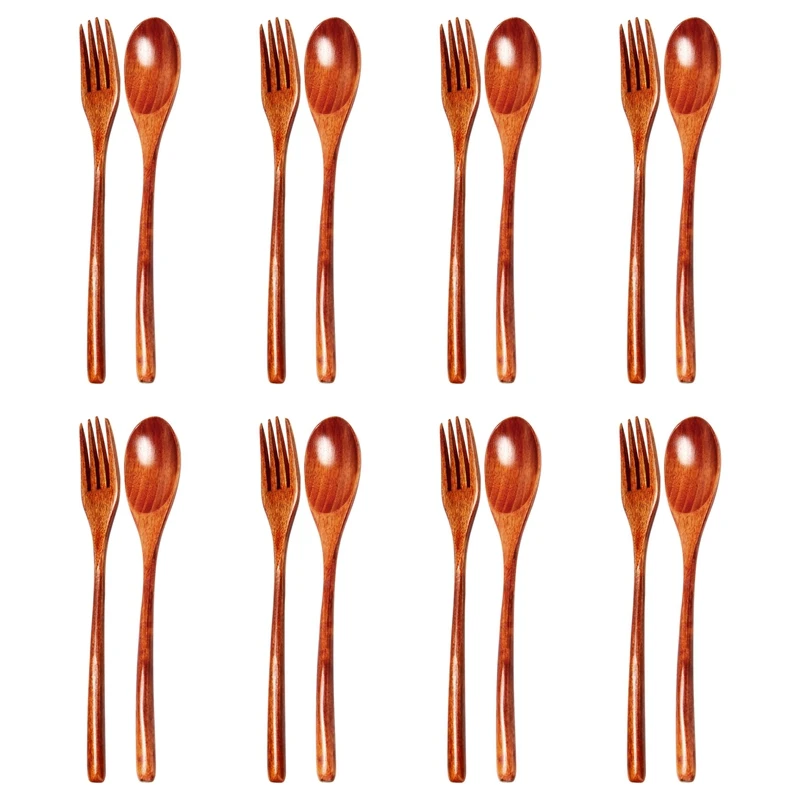 Set di forchette per cucchiai in legno da 16 pezzi con cucchiai di legno e forchette in legno Set di utensili in legno giapponese riutilizzabili fatti a mano