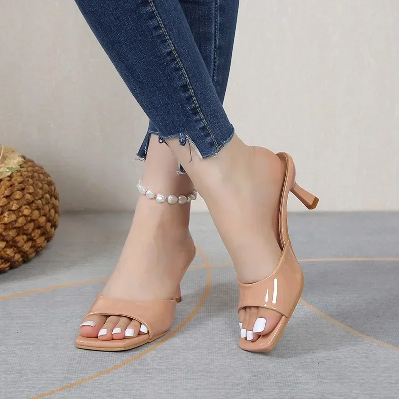 Women's Cool Slippers 2024 Summer New Casual Fashion Versatile High Heels Square Toe Exposed Toe Sexy Outerwear Women's Slippers