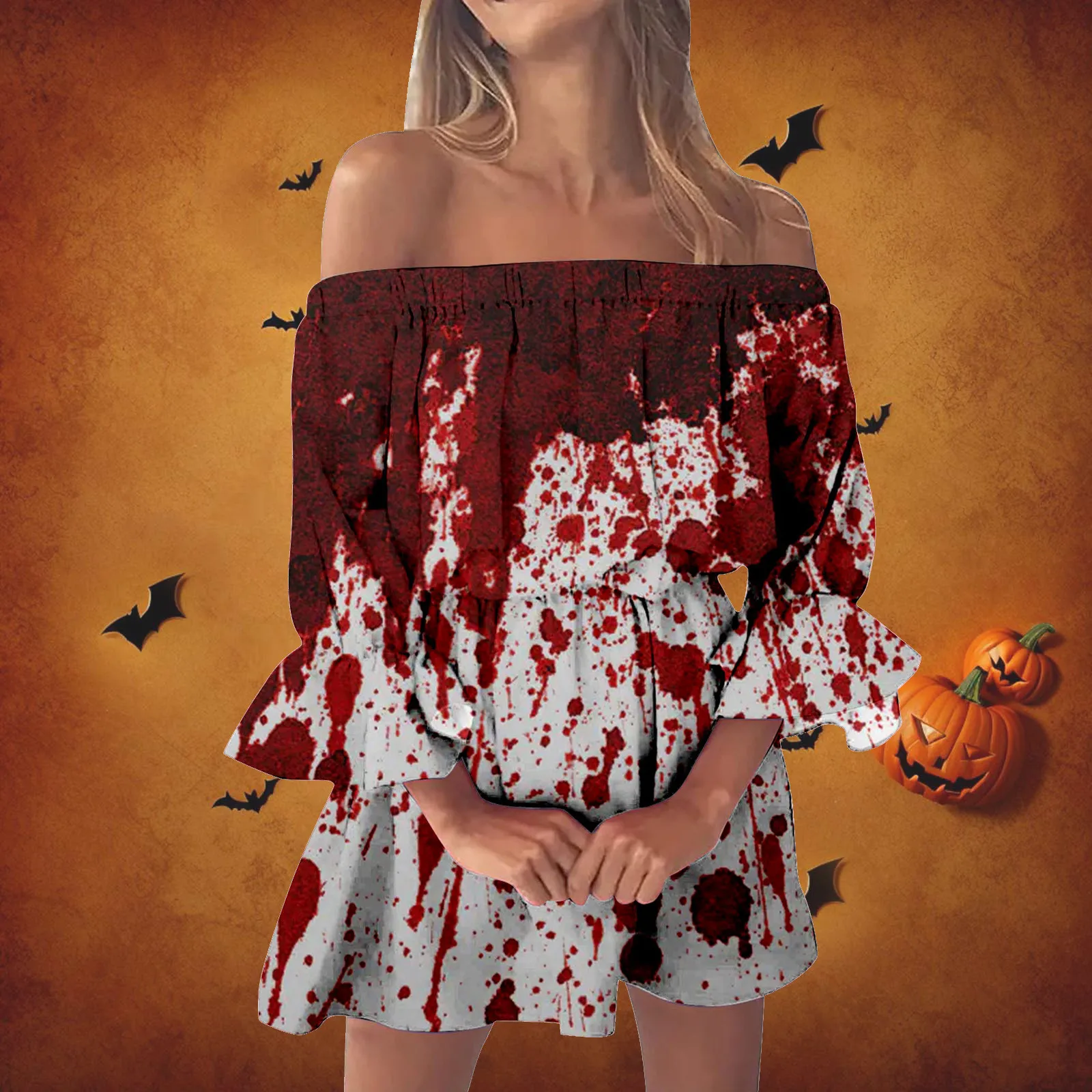 

Blood printed Halloween off shoulder dress elastic loose slash neck dresses casual half sleeved pleated mini dress women