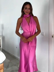 Summer Women Halter Satin Midi Dresses With Raised Flower Multiway Belt Deep V Neck Sexy Open Back Wedding Guest Party Dresses