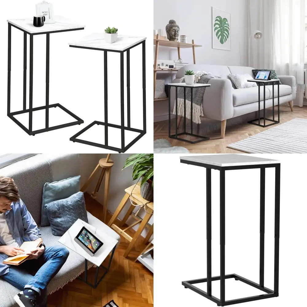 Par de mesas auxiliares de mármol en forma de C, mesas auxiliares para sofá y cama, mesas para snacks deslizantes para sala de estar