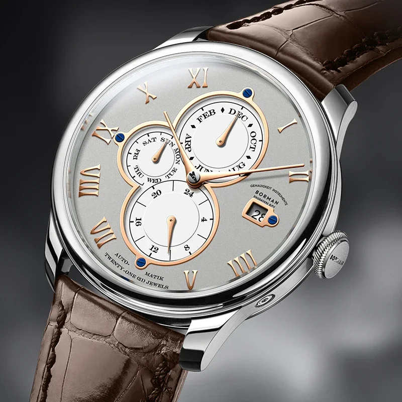 Relojes mecánicos automáticos BORMAN de marca de lujo para hombre zafiro 50M resistente al agua esfera multifunción relojes de cuero Retro BM18011