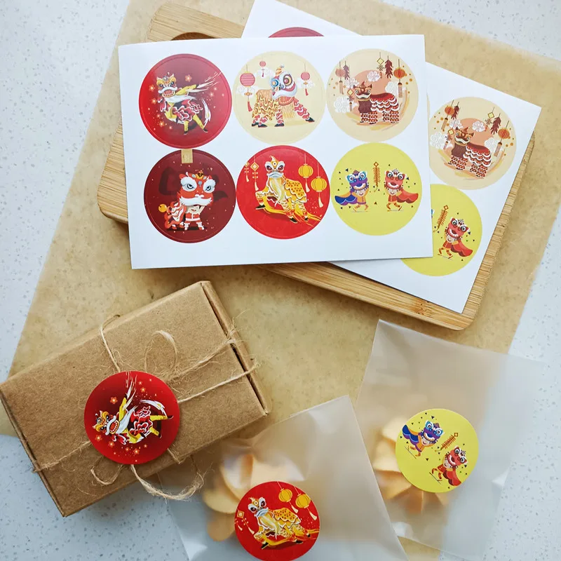 

Chinese New Year Seal Stickers Lion Dance Spring Festival Gift Packaging Adhesive Label For Party Cake Box Candy Bag 60pcs/Lot
