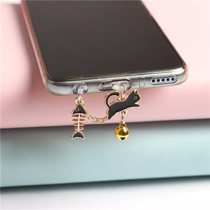 Fishbone Cat Dust Plug Charm Kawaii Charge Port Plug For iPhone Type C Dust Protection Stopper Cute Anti Dust Cap Phone Pendant