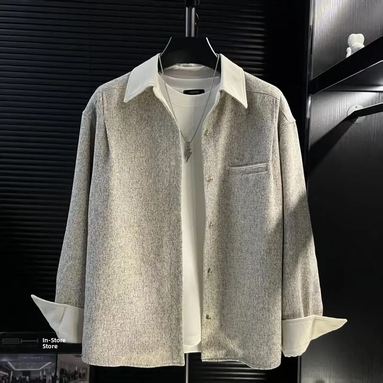 Autumn Long Sleeve Loose Men's Shirt Fashionable Casual Korean Style Breathable Lightweight Youth Polyester Button up Coat