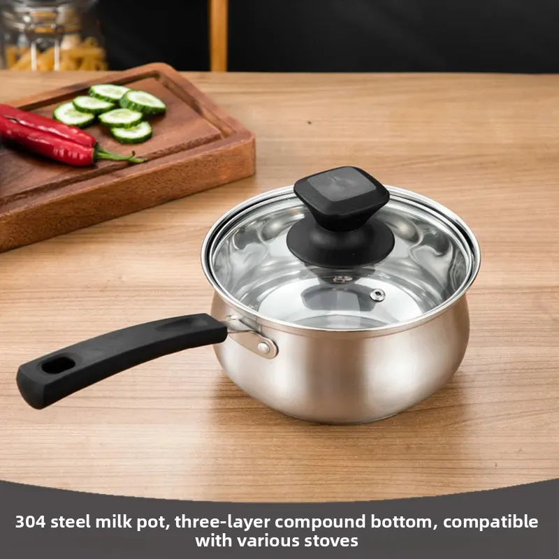 Kitchen 304 Stainless Steel Stewpan Saucepan Milk Pan Soup Cookware Non-stick Frying Pan With Glass Cover Lid Cooking Pots