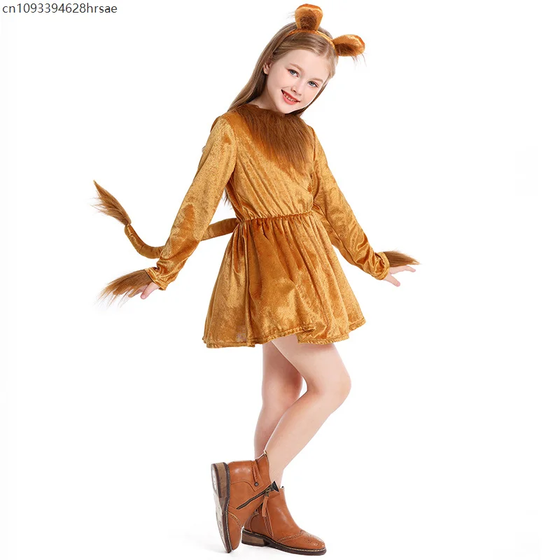 

2025 New Arrival Animal King Halloween Cosplay Toddler Lion Dress Up With Headband Kids Lion Dress Girls Lioness Costume