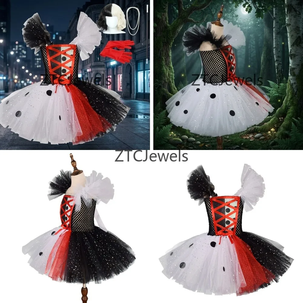 Cruella De Vil Cosplay-Kostüm für Kinder, schwarz-weißes Tutu-Kleid mit Punkten, Halloween-Bösewicht-Outfit, Mädchen-Partykleid