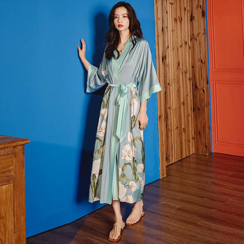 2022 New Satin Chiffon Pajamas Women's Summer Large Ice Silk Light Luxury  Grey Nightgown Bathrobe Sleepwear