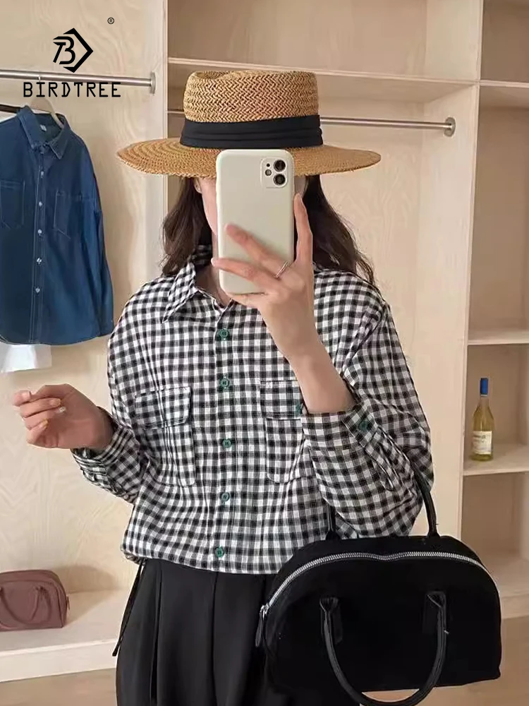 New Spring Cotton Plaid Shirt Women Lapel Long Sleeve Literature Tops Girl Loose Casual Pocket Blouses 2024 Autumn T44803QC