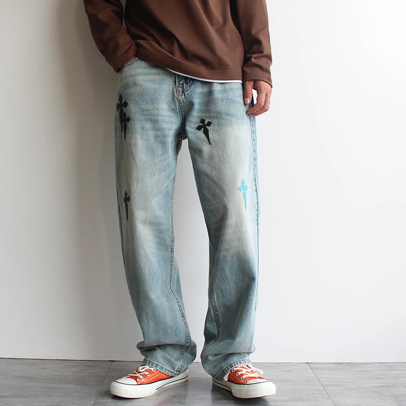 

Men's Retro Cross Pinted Washed Denim Jeans Loose Straight Fit High Street Swagger Casual Chic Trousers Autumn Winter