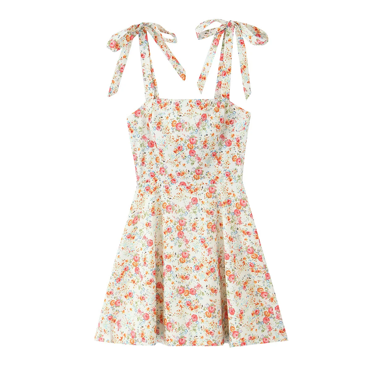 

Women's new fashion bow shoulder strap design slim floral print mini dress retro backless women's dress