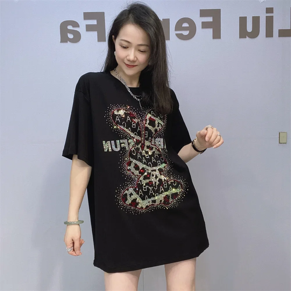 Moda Hot Drilling Manica corta Top lavorato a maglia Abbigliamento donna 2025 Estate Nuovo modello cartone animato Casual Girocollo T-shirt Donna