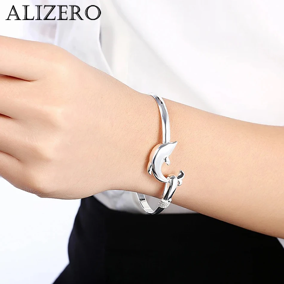 

925 sterling Silver fine cute dolphin bangle cuff bracelets for Women adjustable Fashion designer jewelry wedding Party Gifts