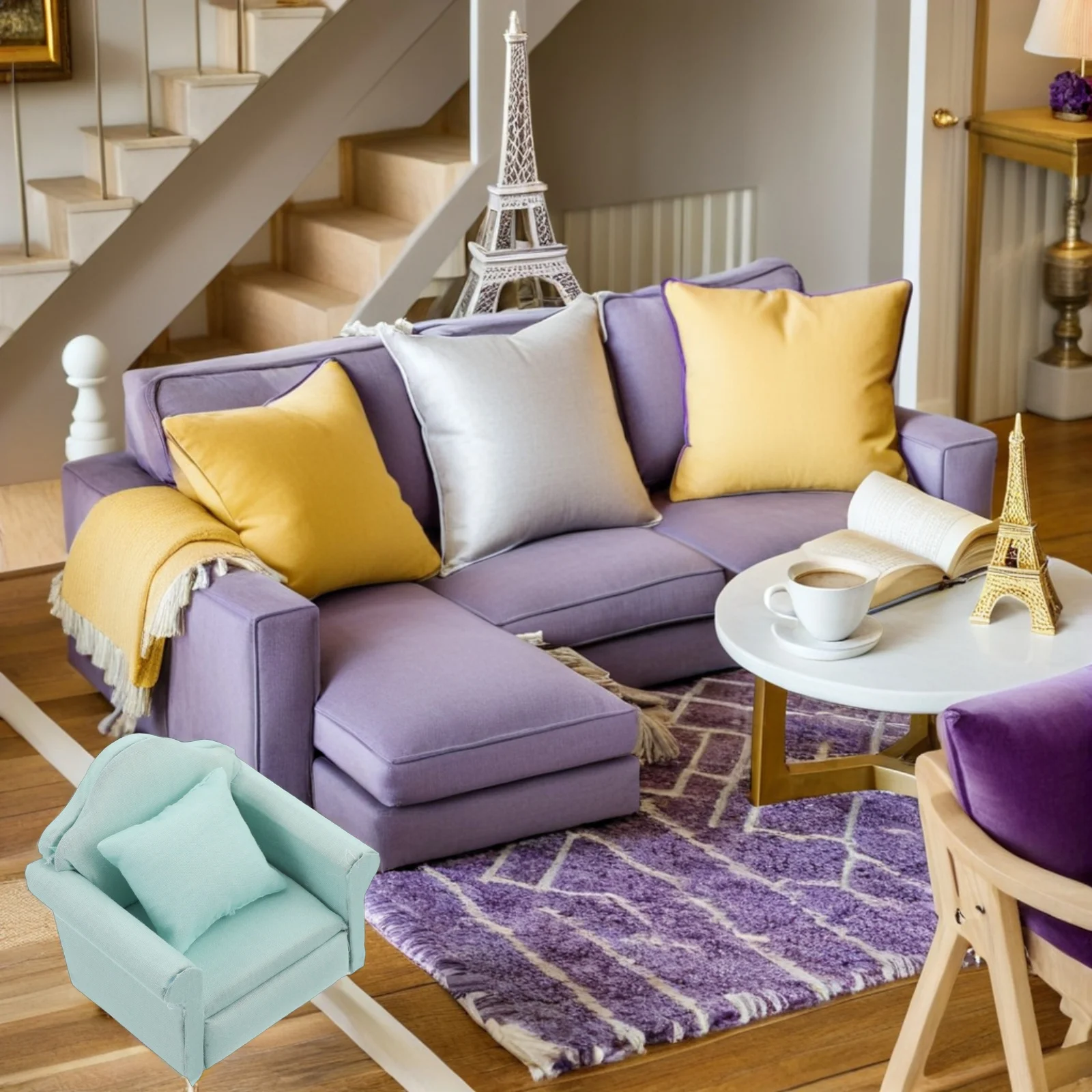 

2pcs Miniature Furniture Set Dollhouse Living Room Sofa Armchair Wood Fabric Vintage Mini Sofa Chair Kids Play House Light Green