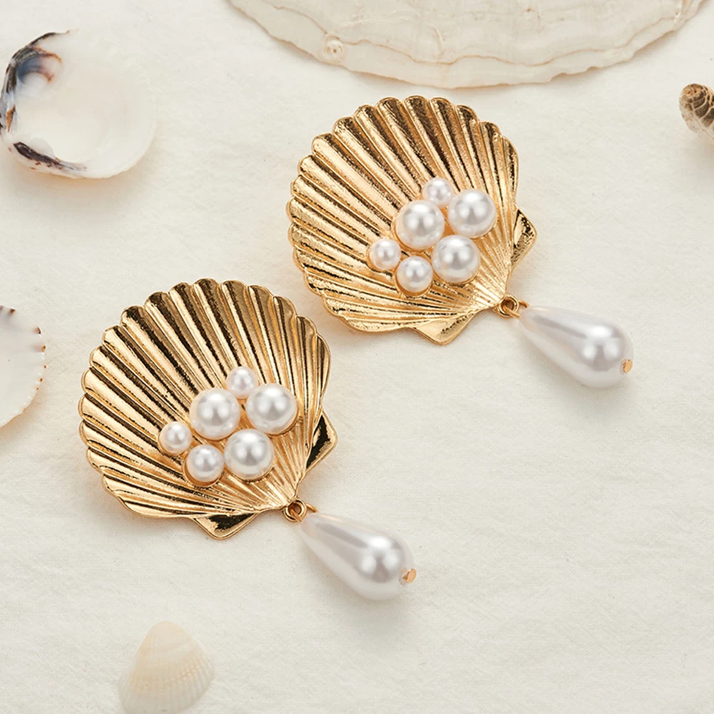 

1 Pair Stylish Shell Pearl Dangler Earrings Fashion Retro Alloy Conch Jewelry For Women Girls Party Daily Wear Accessory