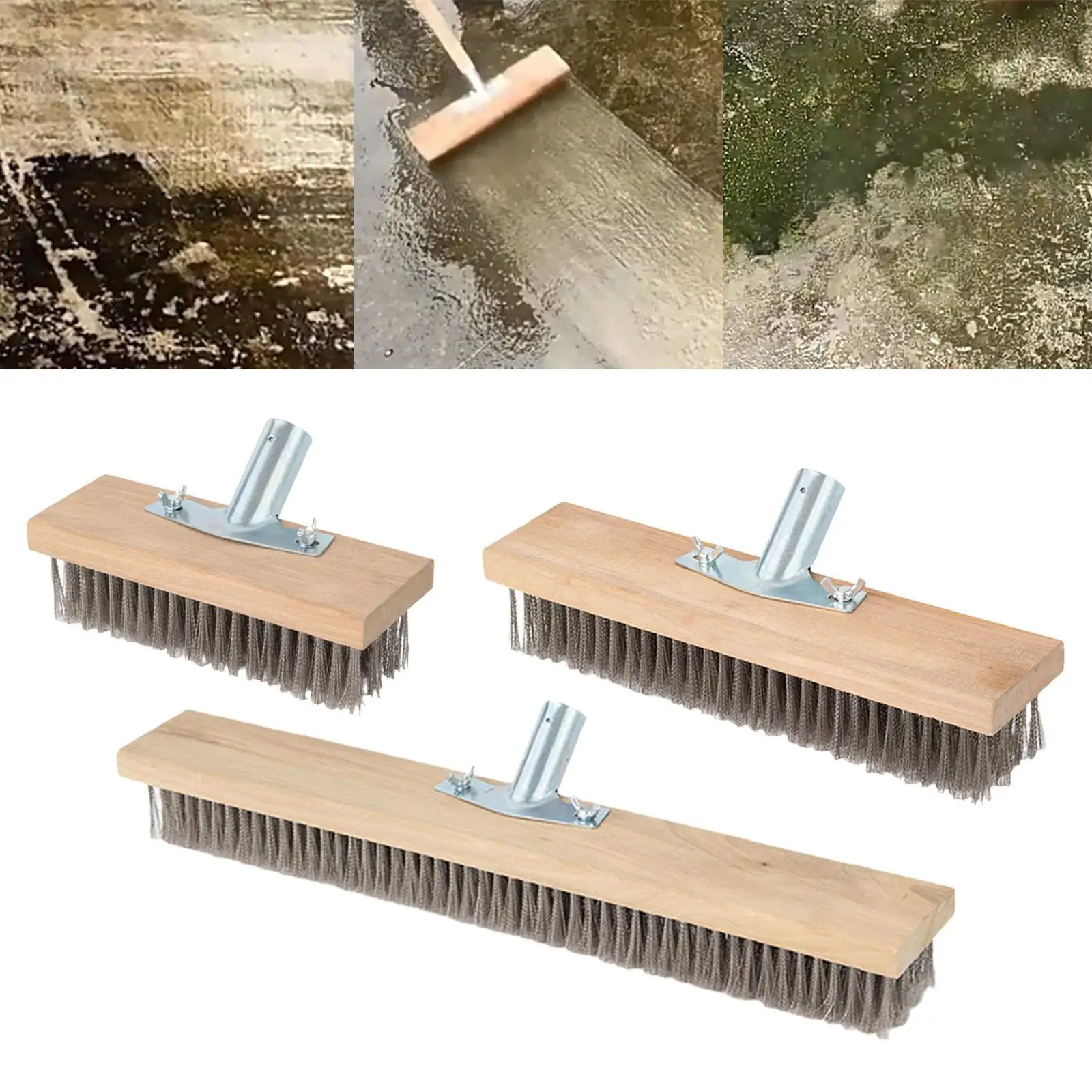 Floor Brush Push Broom Heavy Duty Rough Deck Scrub Brush Head Stainless Steel Wire Brush for Garage Tile Surfaces Patio Steps