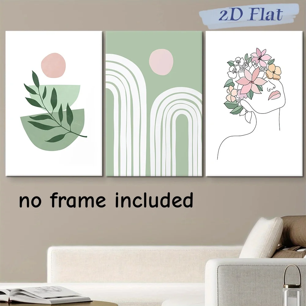 3-piece modern minimalist green plant geometric canvas painting Nordic style abstract lines living room decoration painting Mora